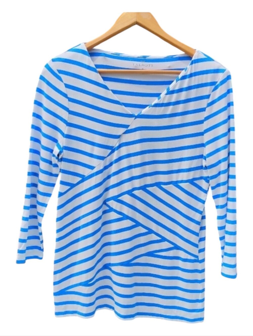 Talbots V Neck Top Coastal Blue and White Size M